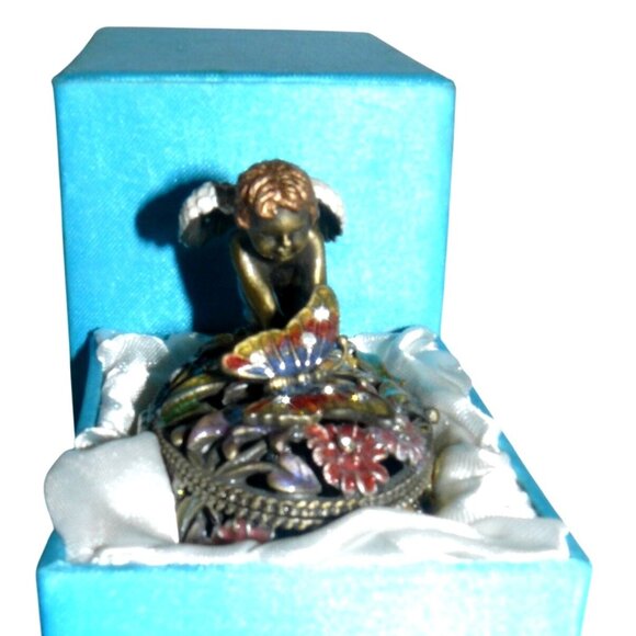 Angel Trinket Box Hand-Painted Floral Desgn Hinged Lid Blue Satin-Lined Gift Box - Picture 5 of 11